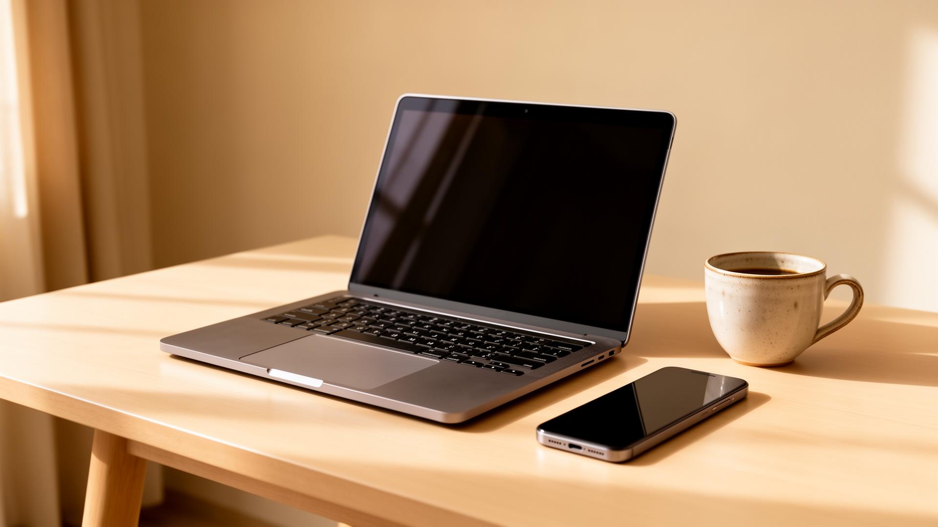 Escritorio premium con laptop y smartphone mostrando herramientas digitales conectadas